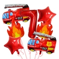 Fire truck and flame balloon set for 7th birthday party decoration on white background - Fire Truck, Flame, Star, Number 7 Balloon Set