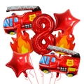 7-piece firefighter balloon set with red fire trucks and a large number 8 for party decor - Fire Truck, Flame, Star, Number 8 Balloon Set