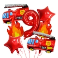 Close-up of 7pcs firefighter theme foil balloons with red number 9 and fire trucks - Fire Truck, Flame, Star, Number 9 Balloon Set