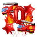 Fire truck and flame aluminum balloon set with number 0 for themed party decoration - Fire Truck, Flame, Star, Number 0 Balloon Set