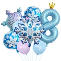 Detail van Frozen verjaardagsset met blauw cijfer 8, sneeuwvlokken en kroonballonnen - Frozen Nummer Acht Set