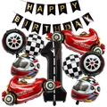 Detail van racefeestset met F1-autoballon en Happy Birthday verjaardagsslinger - Race Thema Nummer 1 Decoratie