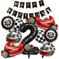 Racewagen thema 2e verjaardag set met folieballonnen en happy birthday versiering - Race Thema Nummer 2 Decoratie