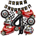 Racewagen verjaardag ballonset met banden helmen en Happy Birthday banner - Race Thema Nummer 4 Decoratie