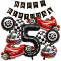Racewagen verjaardagsfeest decoratie met cijfer 5 ballon en zwart-witte racevlaggen - Race Thema Nummer 5 Decoratie
