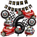 Racewagen verjaardagsfeest set met geruite vlaggen en bandvormige ballonnen - Race Thema Nummer 6 Decoratie