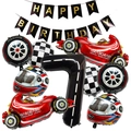 Race verjaardagskit met rode raceauto ballonnen en geblokte vlaggen details - Race Thema Nummer 7 Decoratie
