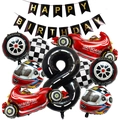 Race verjaardagsset met rode auto ballonnen, bandvormen en geblokte folie decoratie - Race Thema Nummer 8 Decoratie