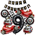 Racethema verjaardagsset met cijfer 9 ballon, F1-auto's en geruite folieballonnen - Race Thema Nummer 9 Decoratie