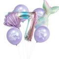 Meerjungfrau Geburtstagsballon-Set mit Farbverlauf Nummer 7, Muschel und Fischschwanz - Lila Zahl 7 / 7 Stücke