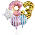 Fünfteiliges Donut-Partyballon-Set mit rosa Donut und gelber Nummer-Drei-Luftballon - Donut Nummer 3 Set