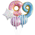Donut themed party balloon set with pink donut and blue number 9 foil balloon - Number 9 Style / Pack of 5