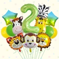 Detailed set of forest animal foil balloons and green number 2 for kids birthday parties - Number 2 Style