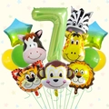 Set festa giungla con grande numero 7 verde e vari palloncini animali della foresta - Stile Numero 7