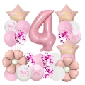Pink and white 4th birthday balloon set with butterflies, flowers, and number 4 - Number 4 Birthday Column Style