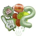 Detail showing American football theme party balloons with green number 2 and touch down logo - Age 2 Style