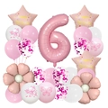 Pink daisy butterfly birthday balloon set with number 6 and star foil decorations - Number 6 Birthday Column Style