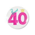 Detail of My Sweet 40 birthday button pin featuring a pink number and yellow crown - Number 40