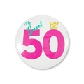 Macro shot of 58mm tinplate birthday badge featuring a My Sweet 50 design with yellow crown - Number 50