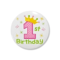 Round 58mm tinplate 1st birthday badge with yellow crown and pink grid number one - 1st Birthday (1)