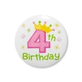 Detail of 4th Birthday tinplate badge with pink plaid number 4 and golden crown motif - 4th Birthday (4)