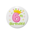 Detail of 58mm tinplate 6th birthday badge with pink number six and yellow crown design - 6th Birthday (6)