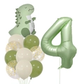 Kit ballons 4ème anniversaire vert olive avec dinosaure et ballons en latex mats - Ensemble Numéro 4