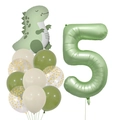 Détail du kit ballons dinosaure et chiffre 5 vert sauge pour fête d'anniversaire garçon - Ensemble Numéro 5