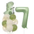 Détail du kit ballons 7ème anniversaire avec dinosaure vert et chiffre 7 vert olive - Ensemble Numéro 7