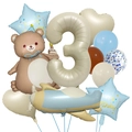 Detalle del set de globos de 3er cumpleaños con oso, avión y estrellas doradas - Tema 3 Años (Kit Oso de Pastel Mágico 3)