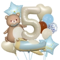 Set de globos de oso azul y marrón con número 5 beige y avión para fiesta de cumpleaños - Tema 5 Años (Kit Oso de Pastel Mágico 5)