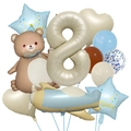 Detalle del set de globos para 8º cumpleaños con oso pardo, avión azul y número 8 beige - Tema 8 Años (Kit Oso de Pastel Mágico 8)