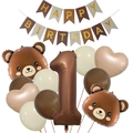 Detalle del set de cumpleaños de oso con globo marrón número 1 y globos de corazón - Kit de Cumpleaños Número 1