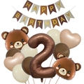 Set de globos de osito marrón para 2 cumpleaños con pancarta de Happy Birthday - Kit de Cumpleaños Número 2
