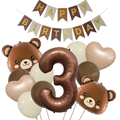 Detalle de globos de oso pardo y número 3 para decoración de cumpleaños infantil - Kit de Cumpleaños Número 3