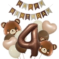Set de globos de oso para 4 cumpleaños con pancarta Happy Birthday y globos de corazón - Kit de Cumpleaños Número 4