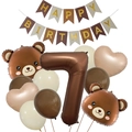 Detalle del set de cumpleaños de oso con globo del número 7 y pancarta de feliz cumpleaños - Kit de Cumpleaños Número 7