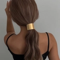 Elegant gold polished metal hair cuff accessory for ponytails with a wide geometric design - 00614-Wide Buckle-Silver