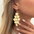 Macro detail of gold layered sequin disc earrings showing brushed metal texture on model - 01 Multi-layer Disc Drop Earrings (3929) / Gold