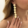 Close-up of matte gold brushed metal disc drop earrings on a model with geometric style - Long Round Disc Drop / Earrings-Gold(3923)