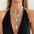 Close-up of textured silver disc Y-necklace on model showing metal fringe detail - 04 Brushed Disc Y-Necklace (7639) / Silver