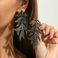 Close-up of long layered leaf drop earrings with sparkling black rhinestones for women - Antique Silver+Gun Black-03909 (Layered Leaf)