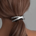 Polished silver X-shaped hair tie on brown hair for a modern minimalist ponytail look - Cross X-Shape Style (0605-Silver) / Silver