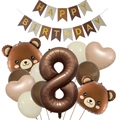 Kit de cumple de oso con globo número 8, lámina de corazón y cartel de Happy Birthday - Kit de Cumpleaños Número 8