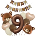 Set de cumpleaños de oso pardo con pancarta y globos de papel de aluminio número 9 - Kit de Cumpleaños Número 9
