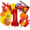 Detail of fire truck party set with red number 1 balloon and flame shaped foil balloons - Number 1 Style