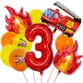 Detail view of fire truck theme balloon set with red number 3 for toddler birthday parties - Number 3 Style