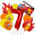 Close-up of 7th birthday fire truck balloon set with number 7 and fire engine foils - Number 7 Style