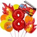 Detailed set of fire truck 8th birthday balloons with red number 8 and flame foil shapes - Number 8 Style