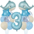 Blue whale theme birthday balloon set with number 3 for toddler party decoration - Ocean Matte Whale Set 3